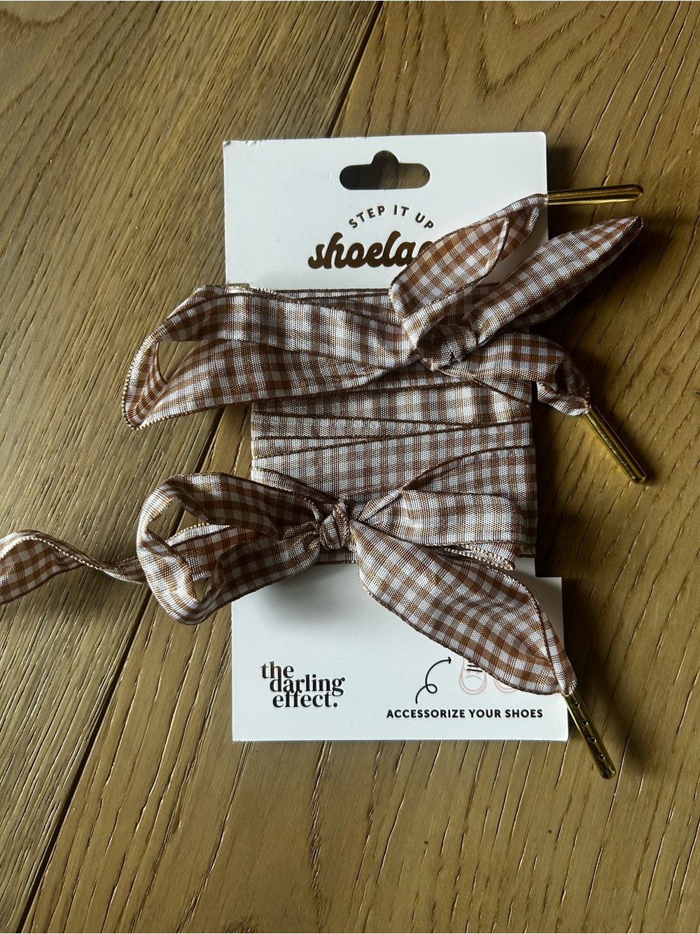 Darling Brown & White Gingham Ribbon Shoe Laces with Gold Tips